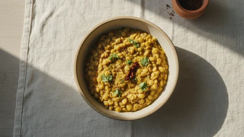 Dal Tadka (Dala Tadka) — whole and prepared form, top-down still life