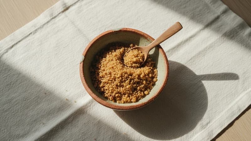 Date Sugar (Kharjura Sharkara) — whole and prepared form, top-down still life