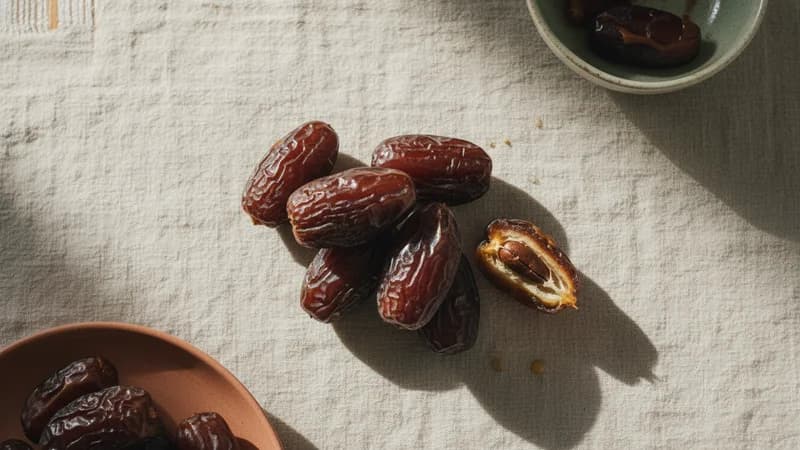 Dates (Kharjura) — whole and prepared form, top-down still life