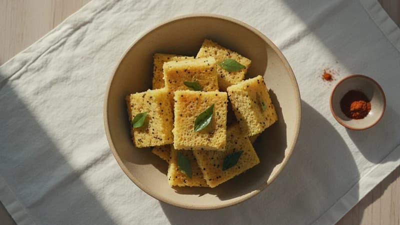 Dhokla (Dhokla) — whole and prepared form, top-down still life
