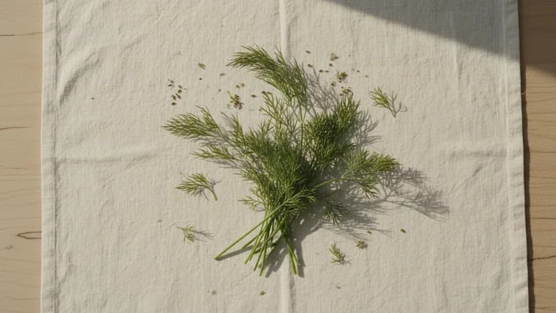 Dill (Shatapushpa) — whole and prepared form, top-down still life
