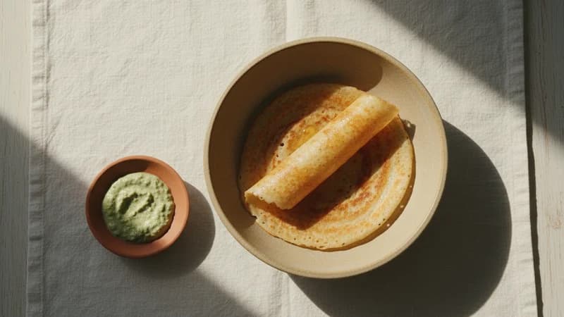 Dosa (Doshaka) — whole and prepared form, top-down still life