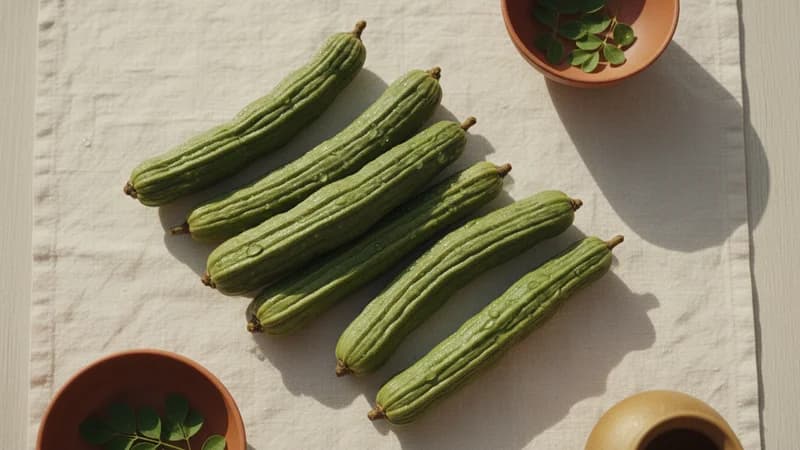 Drumstick (Moringa) (Shigru) — whole and prepared form, top-down still life