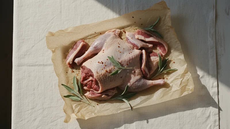 Duck (Vartaka Pakshi) — whole and prepared form, top-down still life