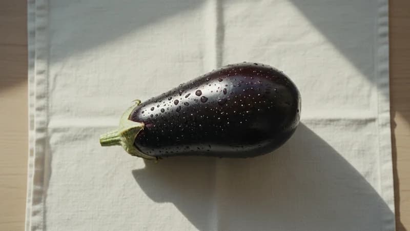 Eggplant (Vartaku) — whole and prepared form, top-down still life