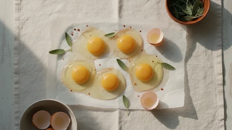 Eggs (Anda) — whole and prepared form, top-down still life