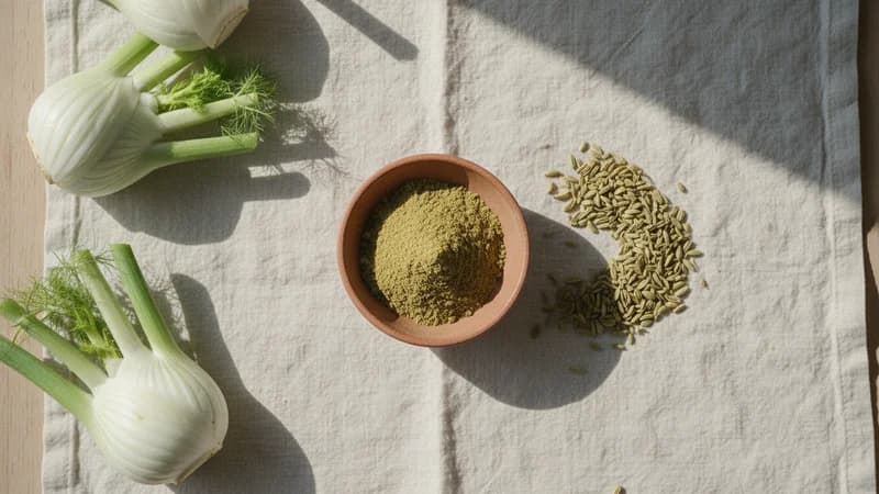 Fennel (Shatapushpa) — whole and prepared form, top-down still life
