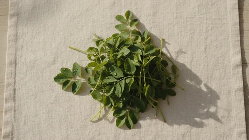 Fenugreek Leaves (Methi) (Methika Patra) — whole and prepared form, top-down still life