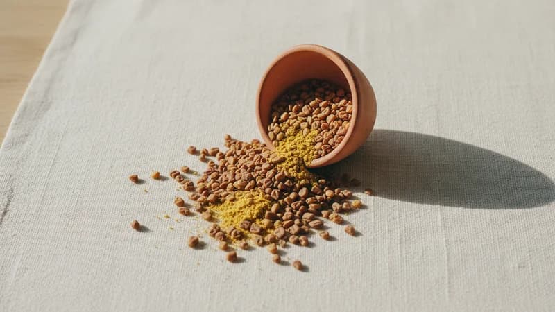 Fenugreek Seeds (Methika) — whole and prepared form, top-down still life