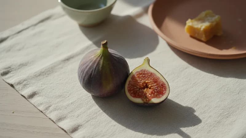 Fig (Udumbara) — whole and prepared form, top-down still life
