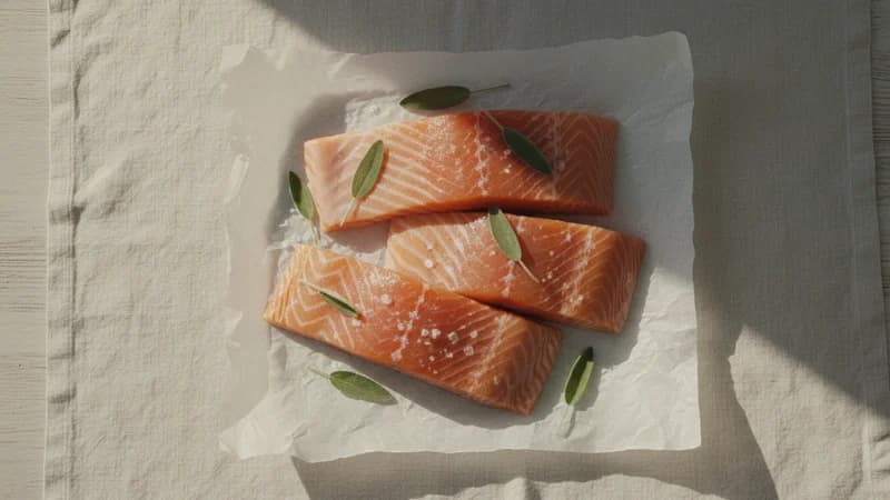 Fish (Salmon) (Matsya) — whole and prepared form, top-down still life