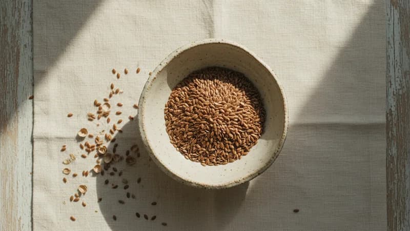 Flax Seeds (Atasi) — whole and prepared form, top-down still life