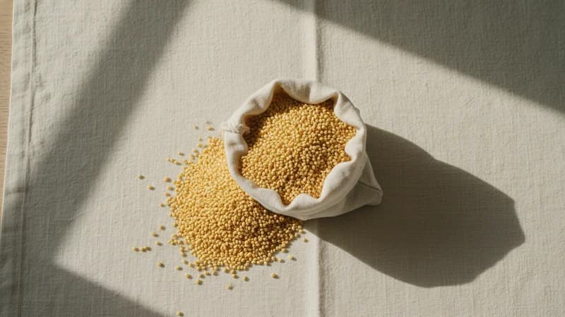 Foxtail Millet (Kangni) — whole and prepared form, top-down still life