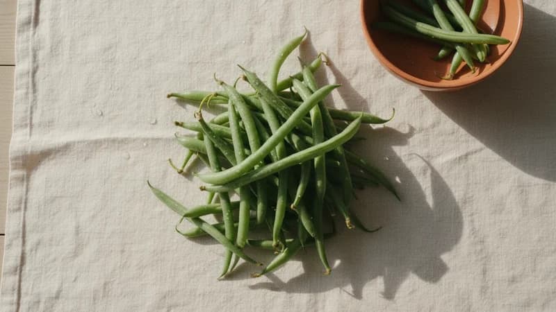 French Beans (Rajashimbi) — whole and prepared form, top-down still life