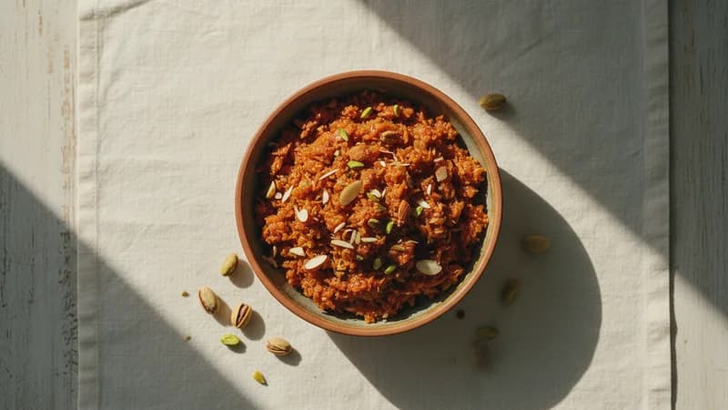 Gajar Halwa (Grnjana Halwa) — whole and prepared form, top-down still life