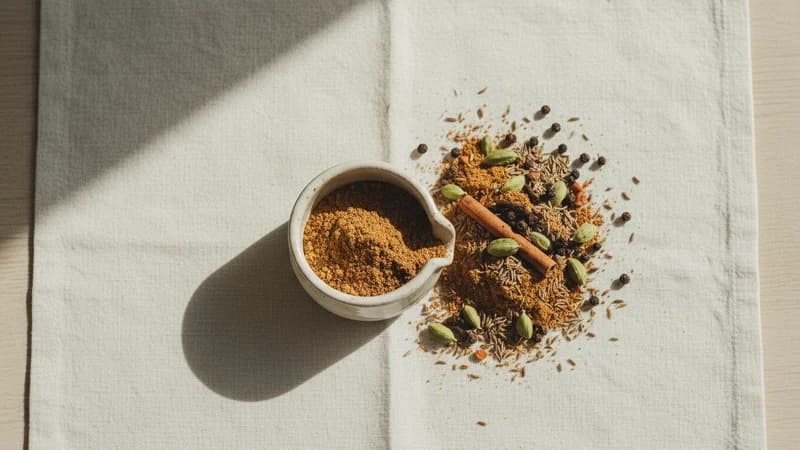 Garam Masala (Ushna Masala) — whole and prepared form, top-down still life