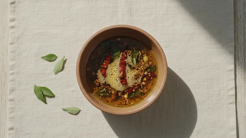 Ghee Tadka (Ghrita Tadka) — whole and prepared form, top-down still life