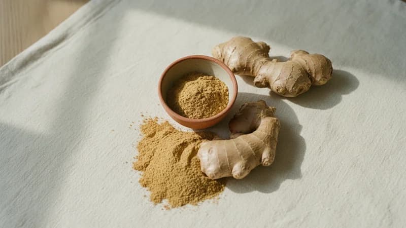Ginger (Shunti / Ardrak) — whole and prepared form, top-down still life