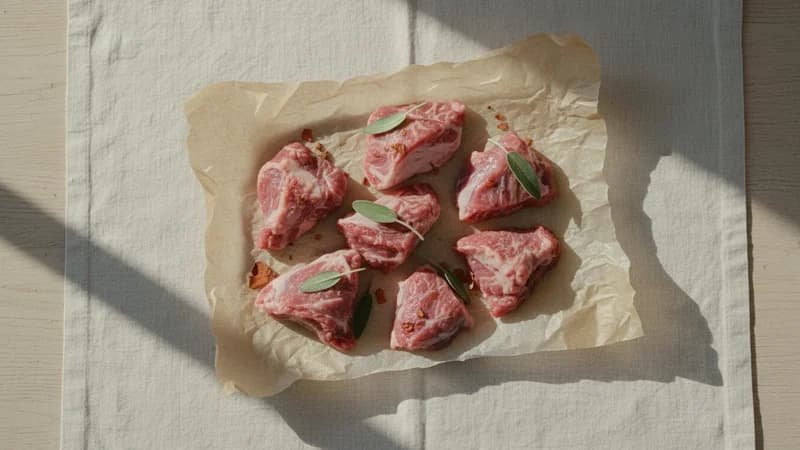 Goat Meat (Aja Mamsa) — whole and prepared form, top-down still life