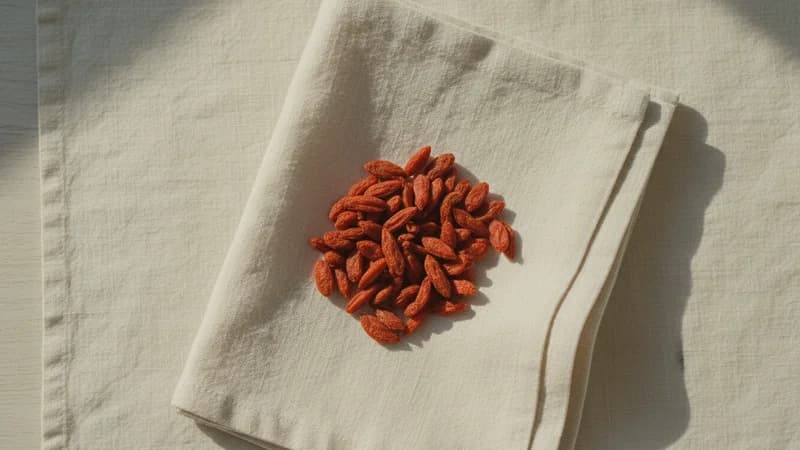 Goji Berries (Goji Phala) — whole and prepared form, top-down still life