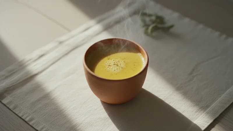 Golden Milk (Haldi Doodh) (Haldi Doodh) — whole and prepared form, top-down still life