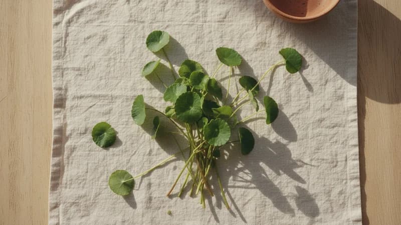 Gotu Kola (Mandukaparni) — whole and prepared form, top-down still life