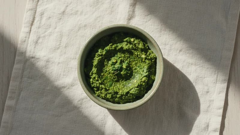Green Chutney (Harit Chutney) — whole and prepared form, top-down still life