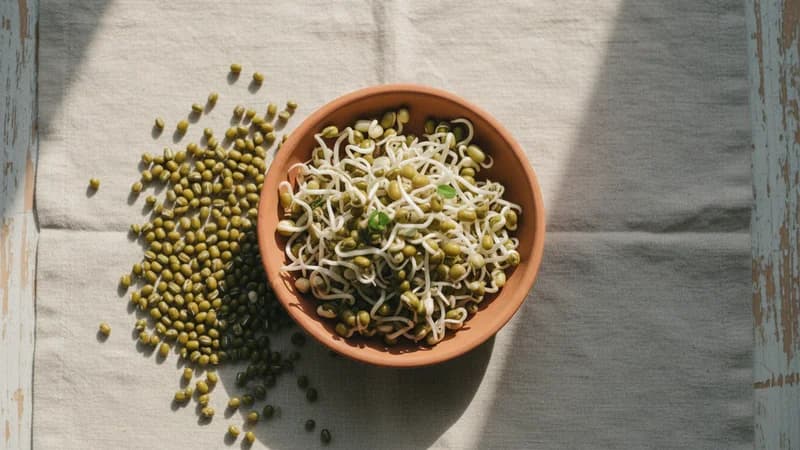 Green Gram Sprouts (Ankurita Mudga) — whole and prepared form, top-down still life