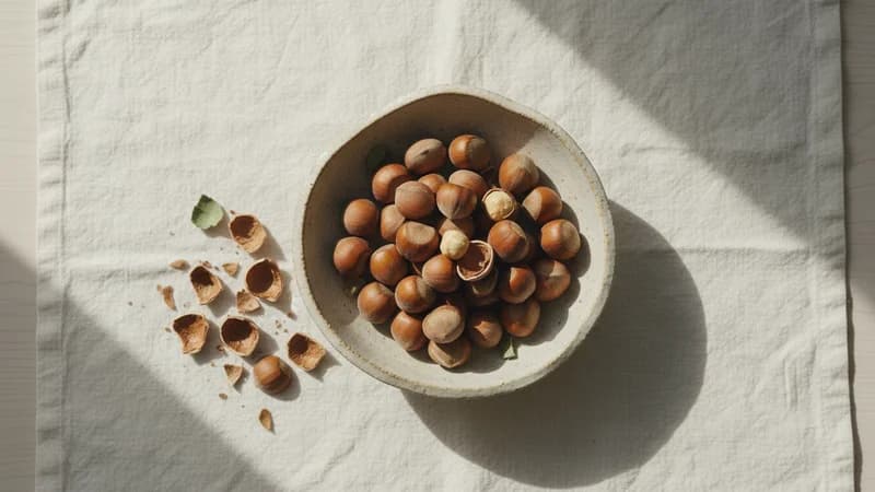 Hazelnuts (Pahadi Badam) — whole and prepared form, top-down still life
