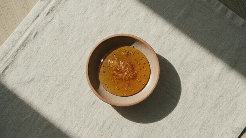 Honey (Madhu) — whole and prepared form, top-down still life