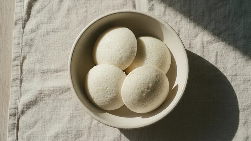 Idli (Iddalika) — whole and prepared form, top-down still life