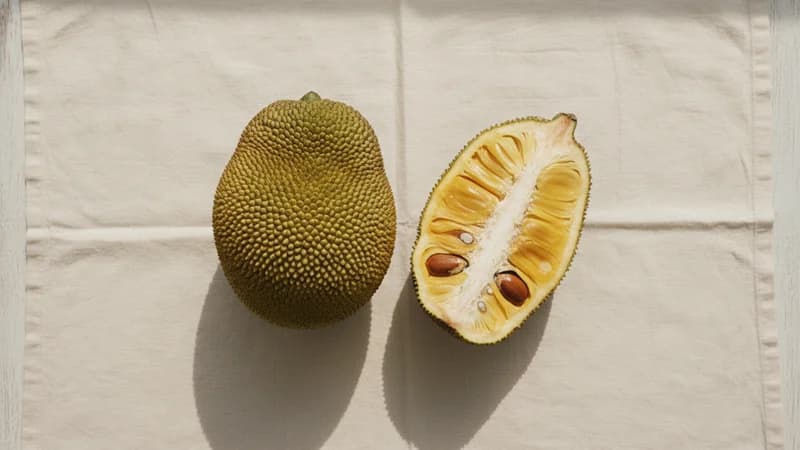 Jackfruit (Panasa) — whole and prepared form, top-down still life