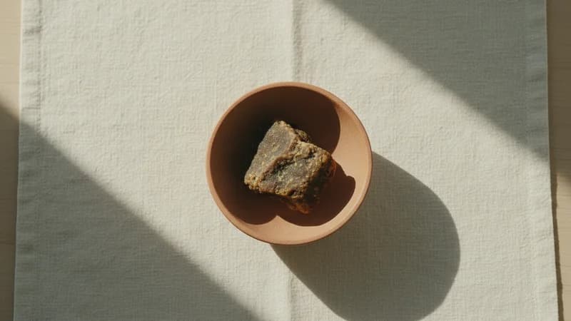 Jaggery (Guda) — whole and prepared form, top-down still life