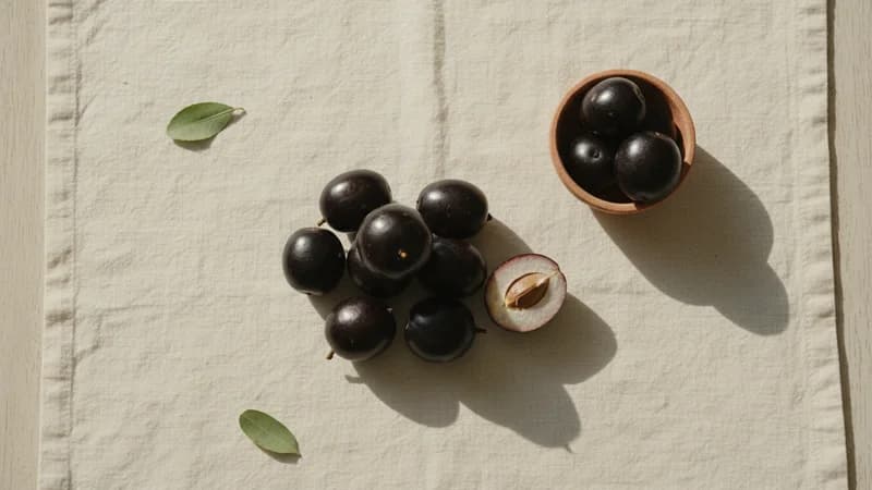 Jamun (Indian Blackberry) (Jambu) — whole and prepared form, top-down still life