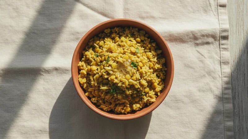 Khichdi (Krusara) — whole and prepared form, top-down still life