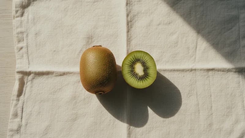 Kiwi (Kivi Phala) — whole and prepared form, top-down still life