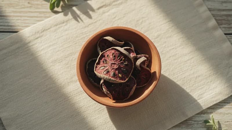 Kokum (Vrkshamla) — whole and prepared form, top-down still life