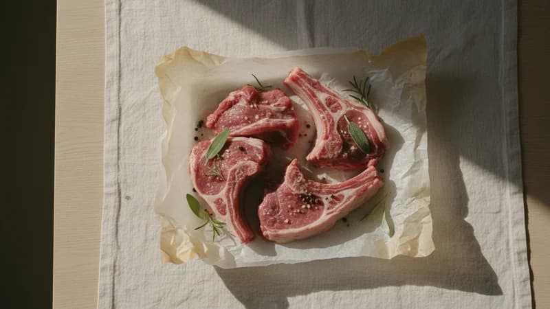 Lamb (Mutton) (Avika Mamsa) — whole and prepared form, top-down still life