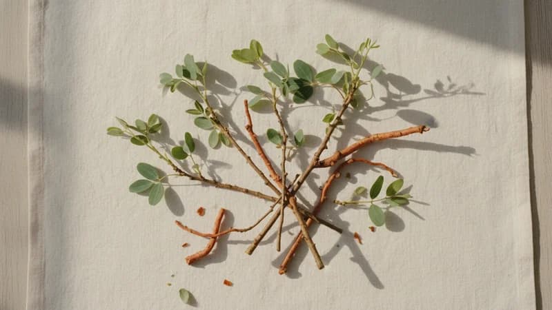 Licorice (Mulethi) (Yashtimadhu) — whole and prepared form, top-down still life