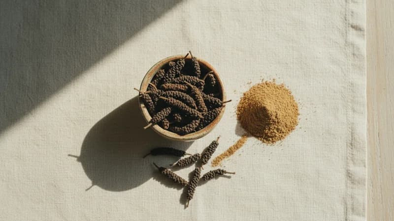 Long Pepper (Pippali) (Pippali) — whole and prepared form, top-down still life
