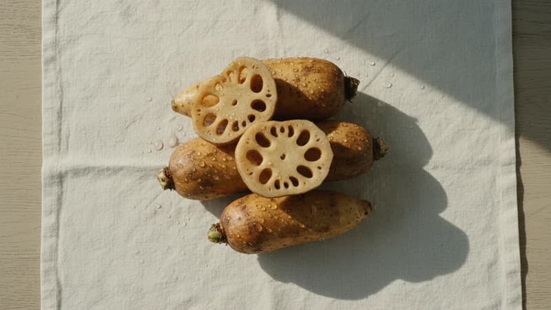 Lotus Root (Kamala Nala) — whole and prepared form, top-down still life