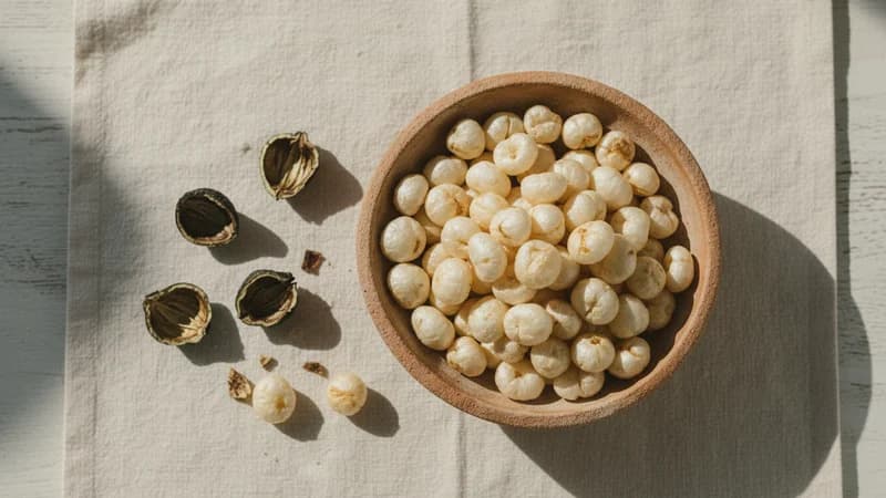Lotus Seeds (Makhana) (Padma Bija) — whole and prepared form, top-down still life