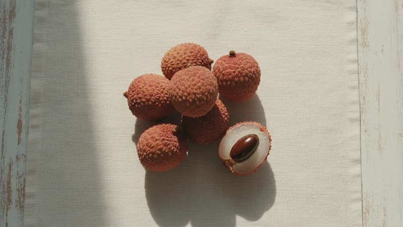 Lychee (Lichi) — whole and prepared form, top-down still life