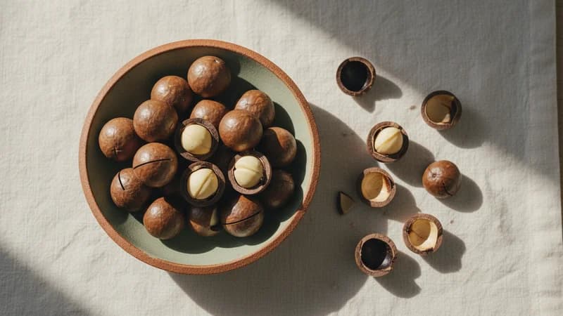 Macadamia Nuts (Makadamiya) — whole and prepared form, top-down still life