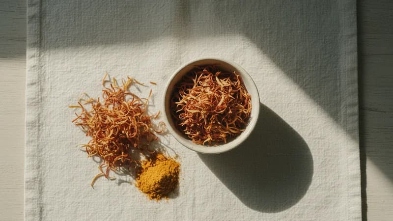 Mace (Javitri) (Jatiphala Tvak) — whole and prepared form, top-down still life