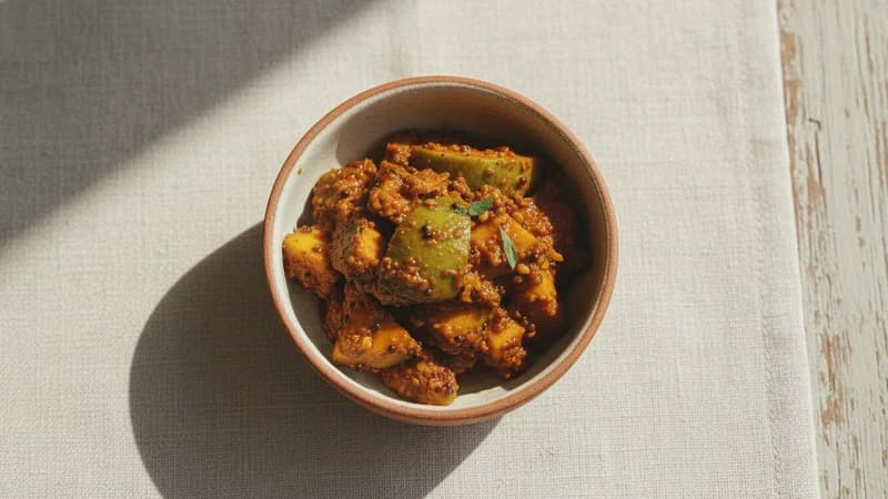 Mango Pickle (Achaar) (Amra Achar) — whole and prepared form, top-down still life