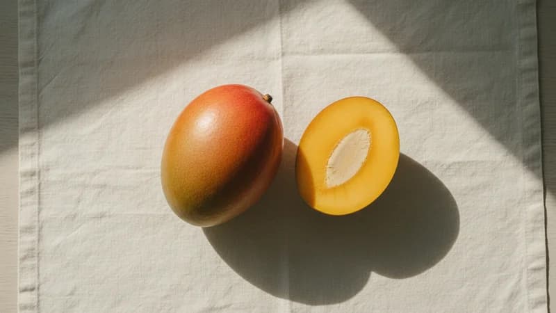 Mango (Amra) — whole and prepared form, top-down still life