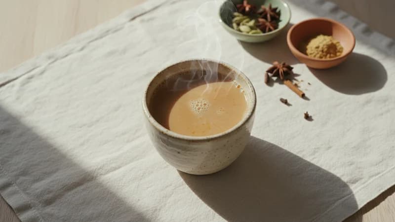 Masala Chai (Masala Chaya) — whole and prepared form, top-down still life
