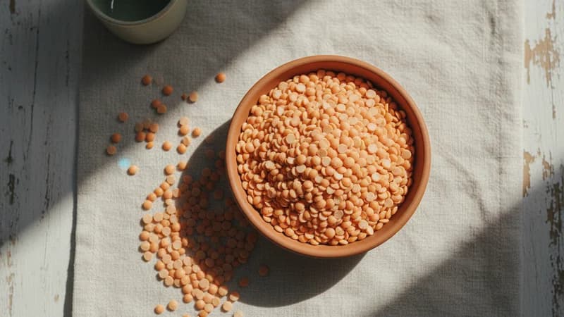 Masoor Dal (Masura) — whole and prepared form, top-down still life