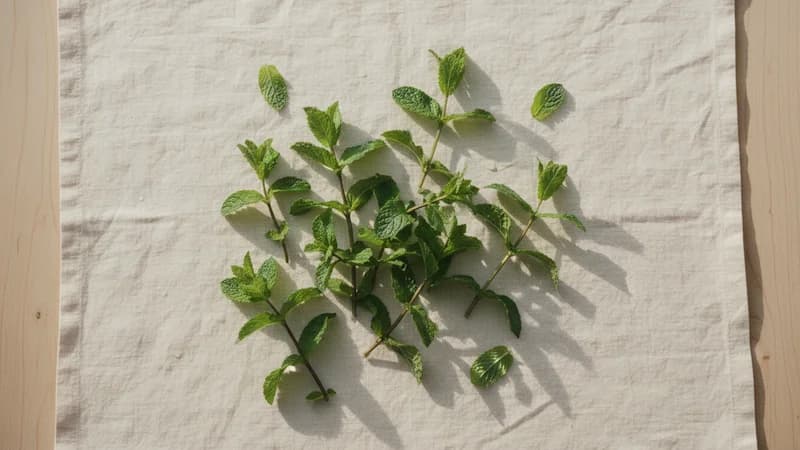 Mint (Pudina) — whole and prepared form, top-down still life